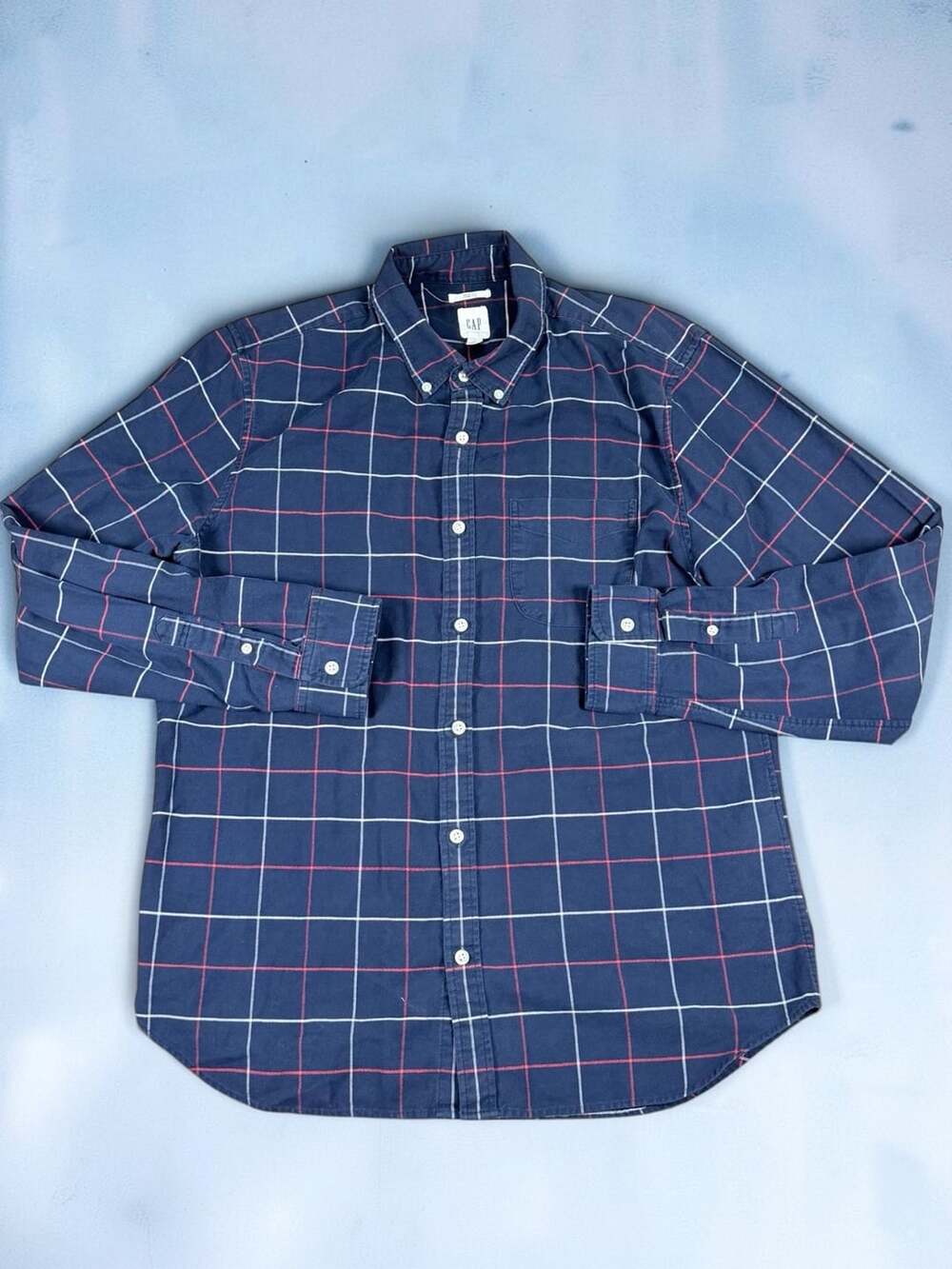 Mens Gap Slim fit stretch Plaid Long Sleeve Button Down Shirt Blue Sz Large
